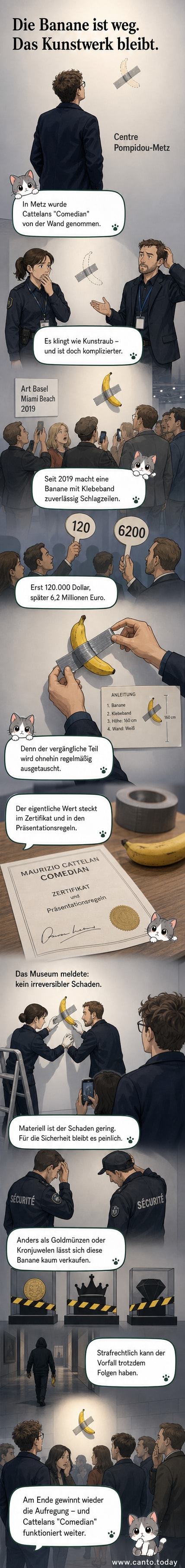 Eine gelbe Banane ist mit silbernem Klebeband an einer weißen Wand befestigt, im Hintergrund ein Museumsschild mit dem Titel 'Comedian' von Maurizio Cattelan.