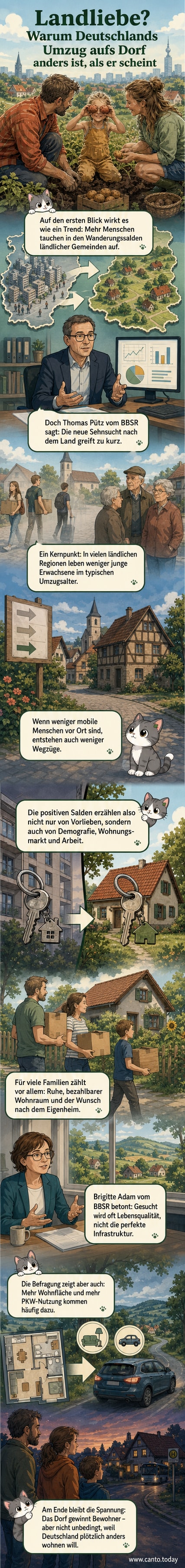 Illustration einer idyllischen Dorfszene mit Fachwerkhäusern und Bäumen, vor der ein Umzugswagen steht – daneben eine Grafik, die Wanderungssalden und Altersstrukturen vergleicht.