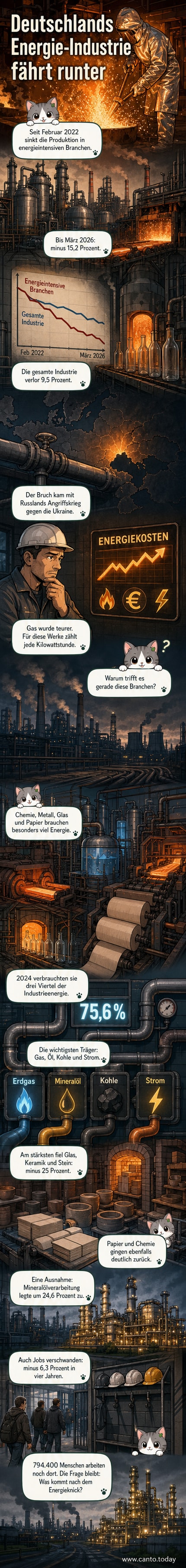 Grafik mit abfallender Industrieproduktion seit 2022, besonders bei Glas, Papier und Chemie – mit Ausnahme der Mineralölverarbeitung.