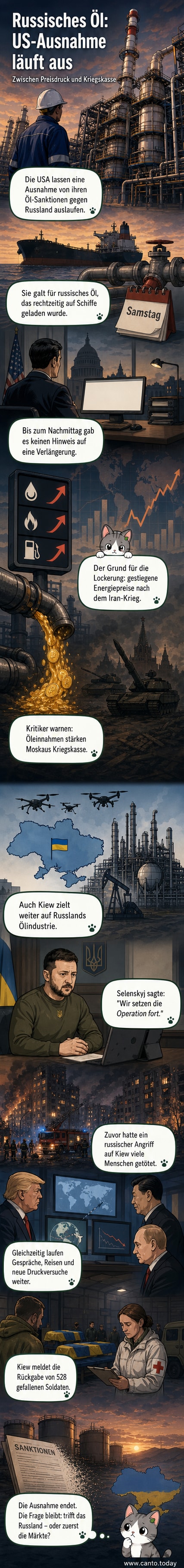 Illustration eines Öltankers vor untergehender Sonne, mit US-Flagge und Sanktionsstempel, der sich auflöst.