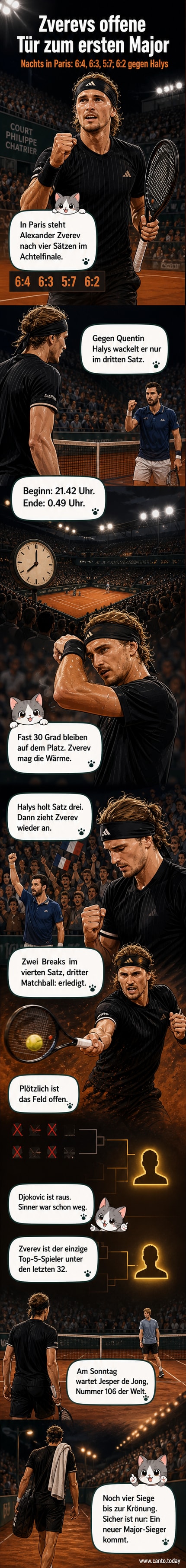 Alexander Zverev im French-Open-Match unter nächtlichem Himmel auf Sandplatz, mit Zuschauern im Hintergrund und grellem Flutlicht.