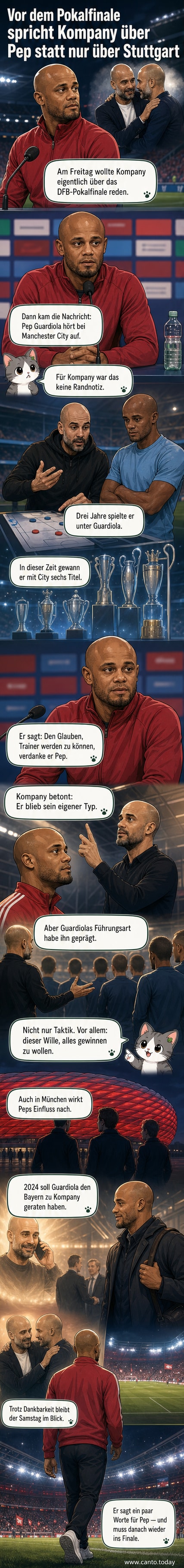 Vincent Kompany blickt respektvoll in Richtung eines Fotos von Pep Guardiola, während er vor der Presse spricht.