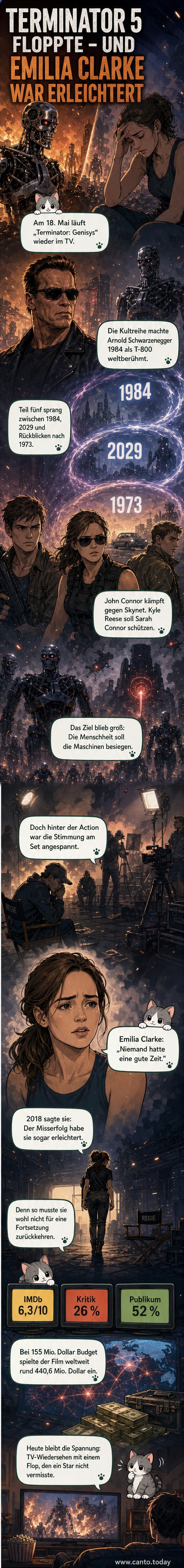 Schauspieler Emilia Clarke und Arnold Schwarzenegger in einer Szene aus dem Film „Terminator: Genisys“, im Hintergrund Maschinen und Explosionen – der Film floppte trotz Starbesetzung.