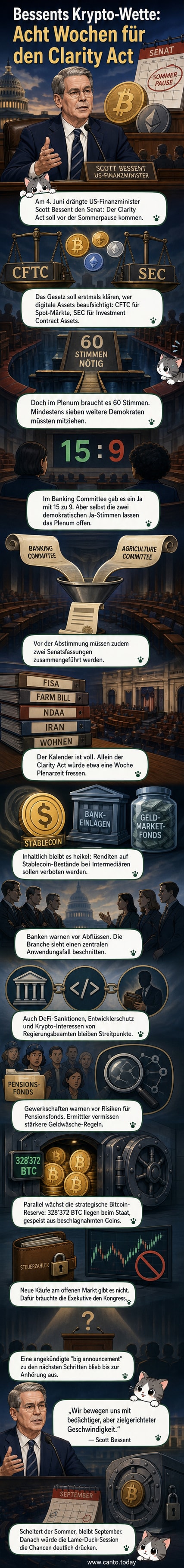 US-Finanzminister Scott Bessent spricht vor dem Senate Finance Committee über den Clarity Act und die strategische Bitcoin-Reserve, während im Hintergrund ein Countdown bis zur Sommerpause läuft.