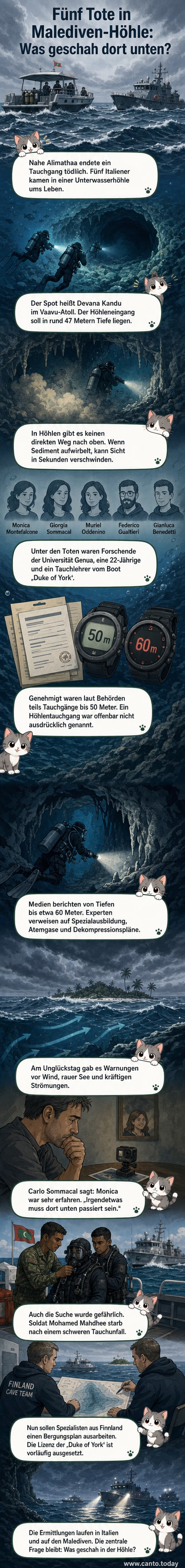 Unterwasserhöhlensystem auf den Malediven, schematisch dargestellt mit Tauchern in großer Tiefe, eingeschlossenem Raum und schwierigen Sichtverhältnissen.