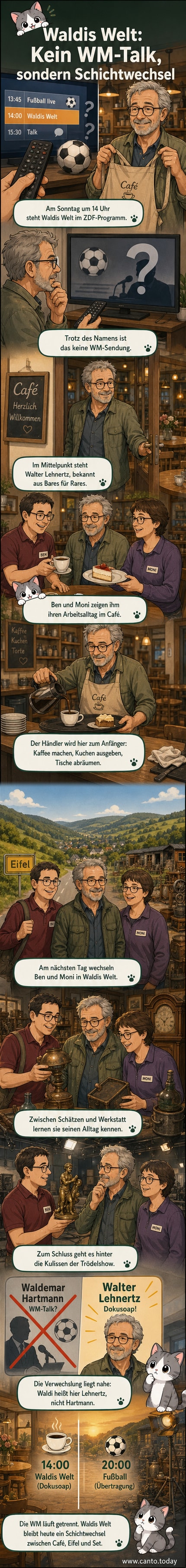 Walter Lehnertz in Café-Schürze, daneben Ben und Moni im Wohnheim-Café, im Hintergrund Tische mit Kaffee und Kuchen.