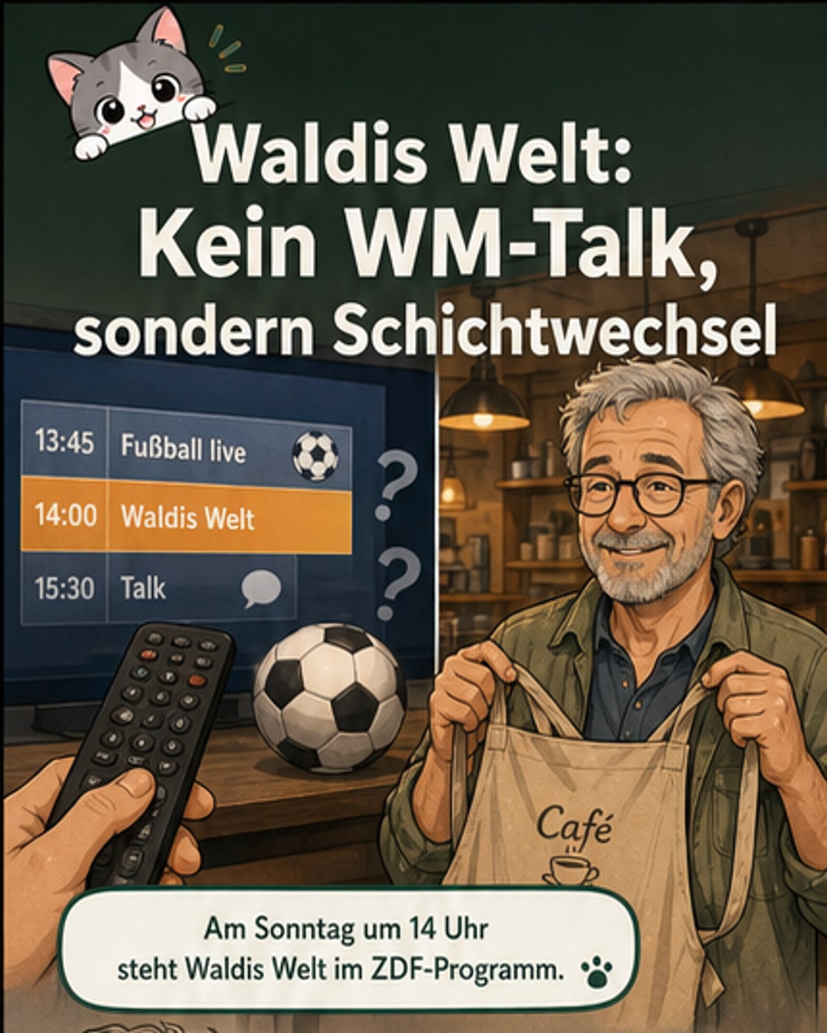 Walter Lehnertz in Café-Schürze, daneben Ben und Moni im Wohnheim-Café, im Hintergrund Tische mit Kaffee und Kuchen.