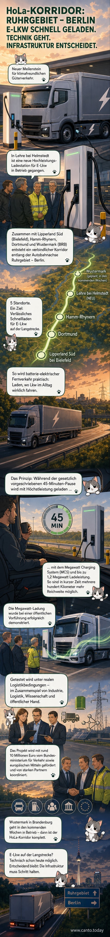 Eine moderne Schnellladestation für Elektro-Lkw an einer Shell-Tankstelle in Lehre, umgeben von Autobahn und grünem Umland.