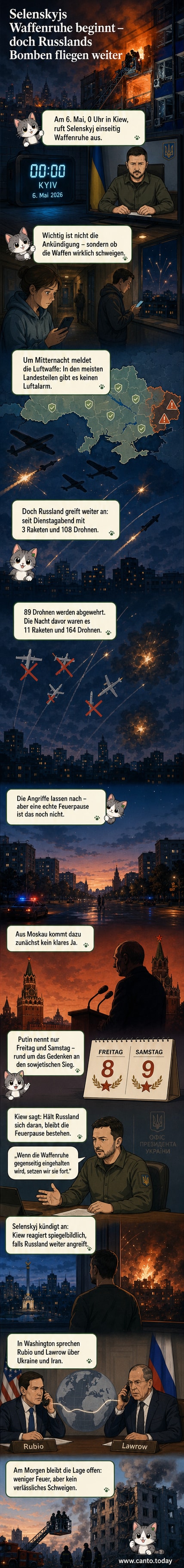 Illustration einer zerstörten Stadt mit Rauchwolken, daneben eine zerbrochene Friedensdove, während Soldaten in der Ferne Position beziehen.