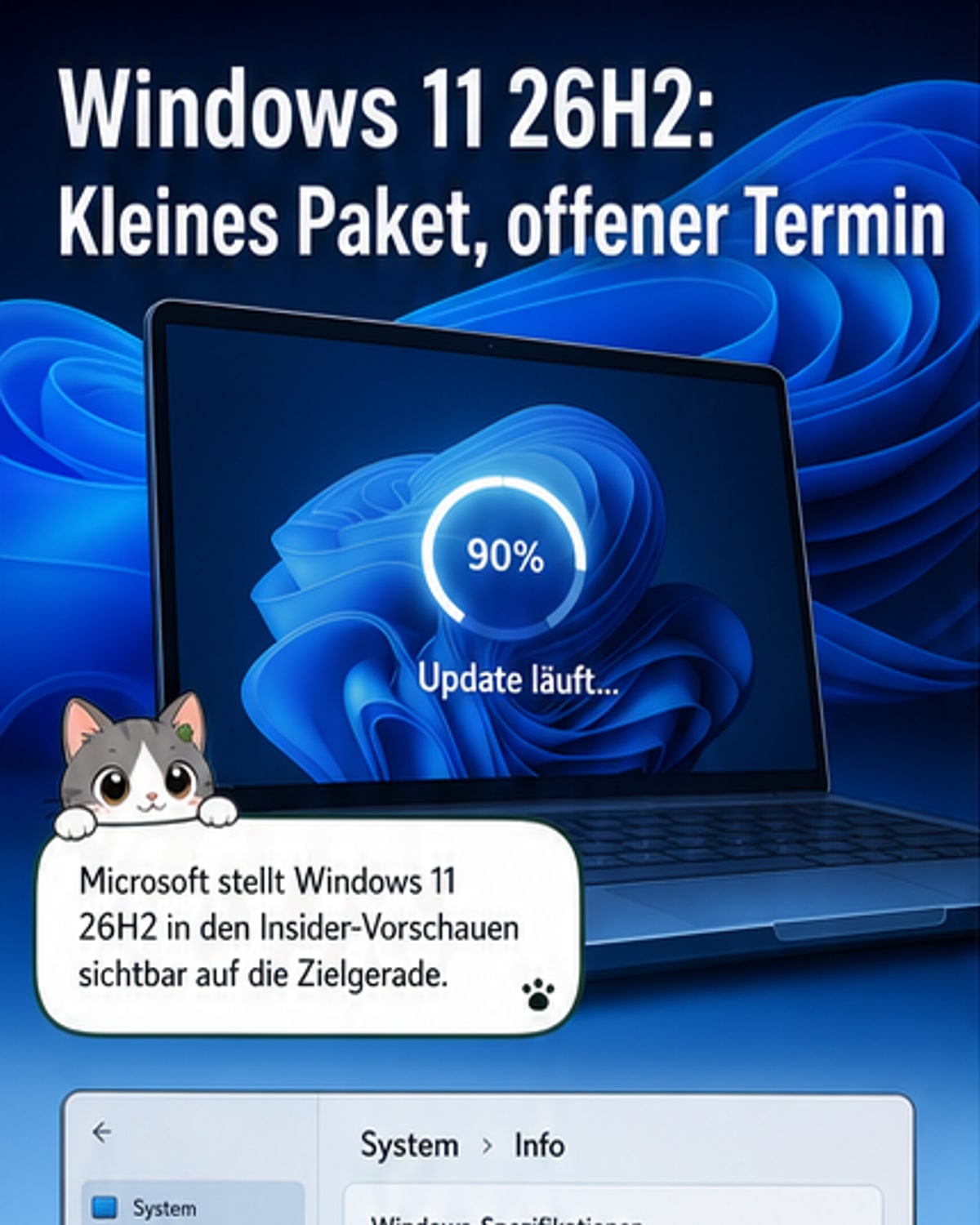 Ein moderner Computerbildschirm zeigt das Windows-11-Startmenü mit der Versionsangabe 26H2 im Einstellungsmenü.