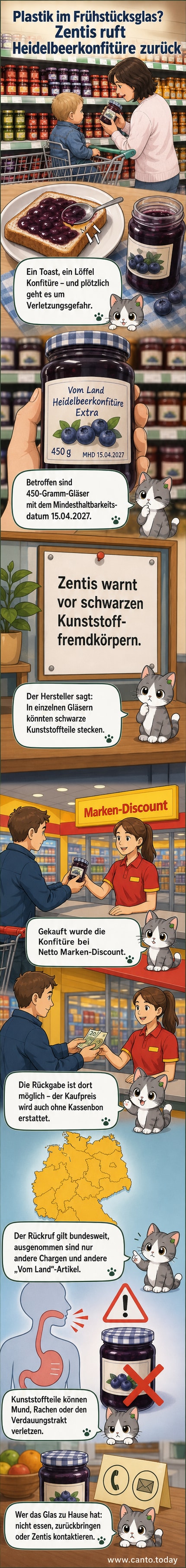 Ein Glas Heidelbeerkonfitüre mit Warnhinweis, daneben ein vergrößerter Ausschnitt mit einem schwarzen Kunststoffteil im Fruchtfleisch.