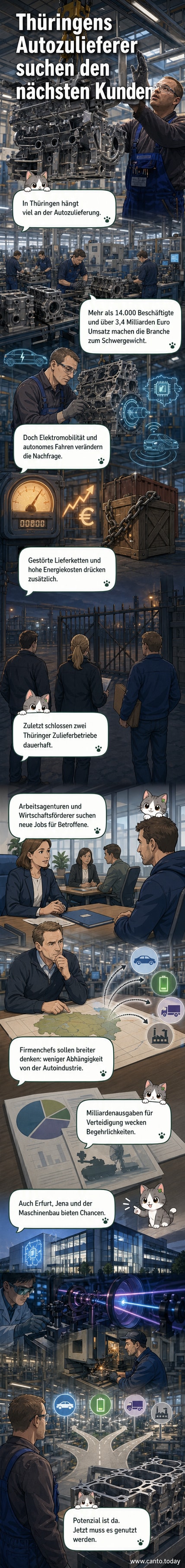 Illustration einer thüringischen Industrielandschaft mit Automobilteilen, die in den Schatten eines Elektrofahrzeugs und steigender Energiekosten gerät.