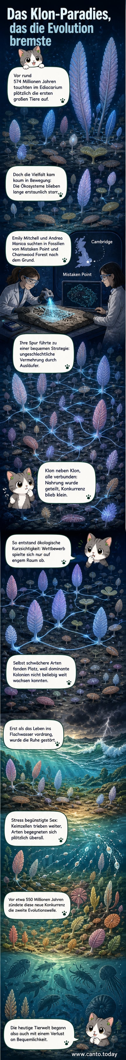 Künstlerische Darstellung von Fractofusus, einem farnartigen Organismus aus dem Ediacarium, der auf dem Meeresboden klonal wächst, umgeben von trübem, tiefem Wasser.
