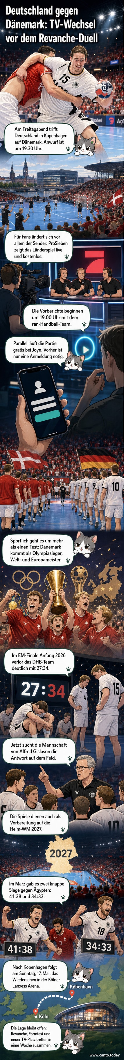 Deutsche und dänische Handballer stehen sich in Kopenhagen in einem Testspiel gegenüber, im Hintergrund Zuschauer und Nationalflaggen.