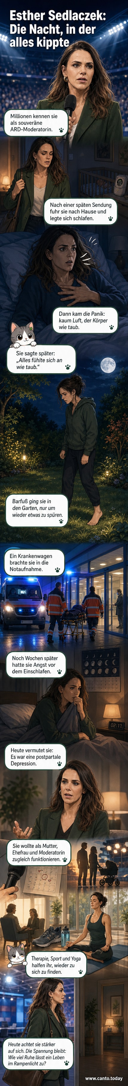 Esther Sedlaczek im Profil, nachdenklich blickend, im Hintergrund ein dunkler Garten und ein Krankenwagen-Silhouette.