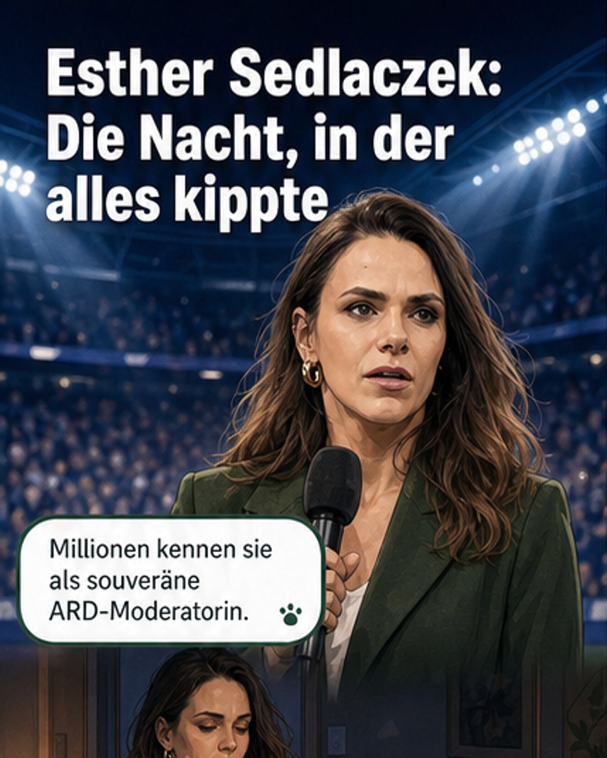 Esther Sedlaczek im Profil, nachdenklich blickend, im Hintergrund ein dunkler Garten und ein Krankenwagen-Silhouette.