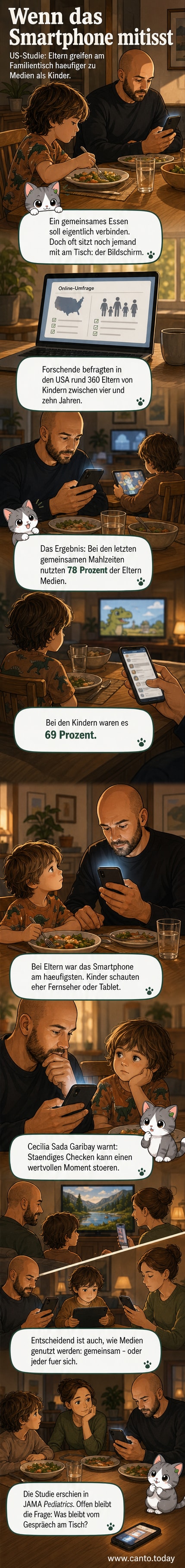 Illustration eines Esstischs, an dem eine Familie sitzt. Jedes Familienmitglied schaut auf ein Gerät, besonders die Eltern auf ihre Smartphones.
