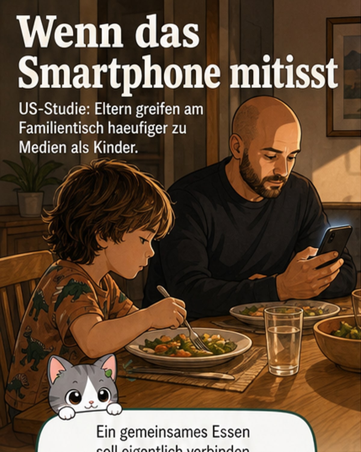Illustration eines Esstischs, an dem eine Familie sitzt. Jedes Familienmitglied schaut auf ein Gerät, besonders die Eltern auf ihre Smartphones.