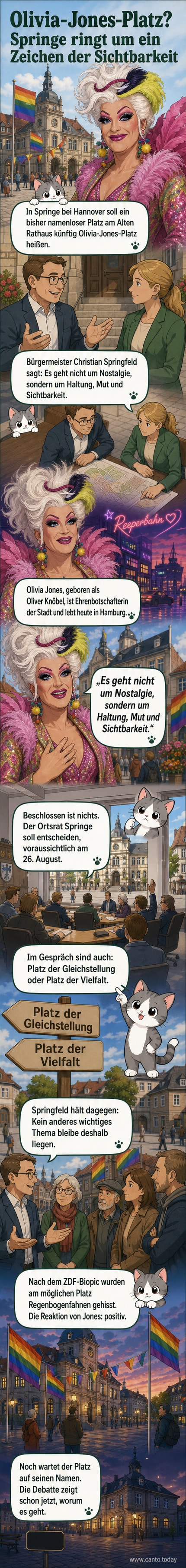 Illustration eines Stadtplatzes mit Regenbogenfahnen und dem vorgeschlagenen Schild „Olivia-Jones-Platz“ im niedersächsischen Springe.