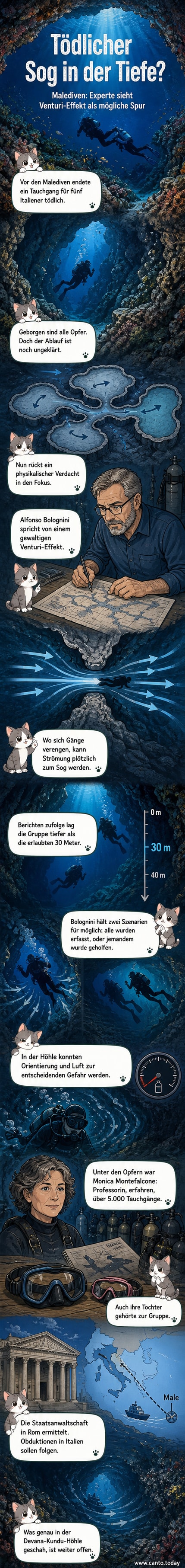 Eine Unterwasserhöhle mit schmalen Gängen, in der ein starker Sog durch den Venturi-Effekt entstehen kann – Hintergrund für das Tauchunglück auf den Malediven.