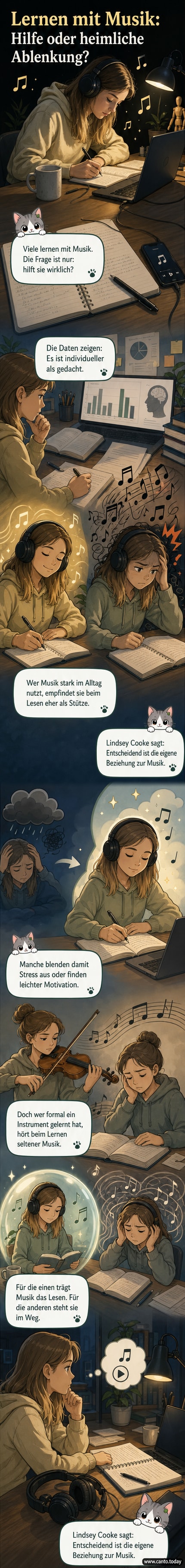 Person liest mit Kopfhörern an einem Schreibtisch, daneben Notenblätter und ein Buch – Symbol für die individuelle Rolle von Musik beim Lernen.