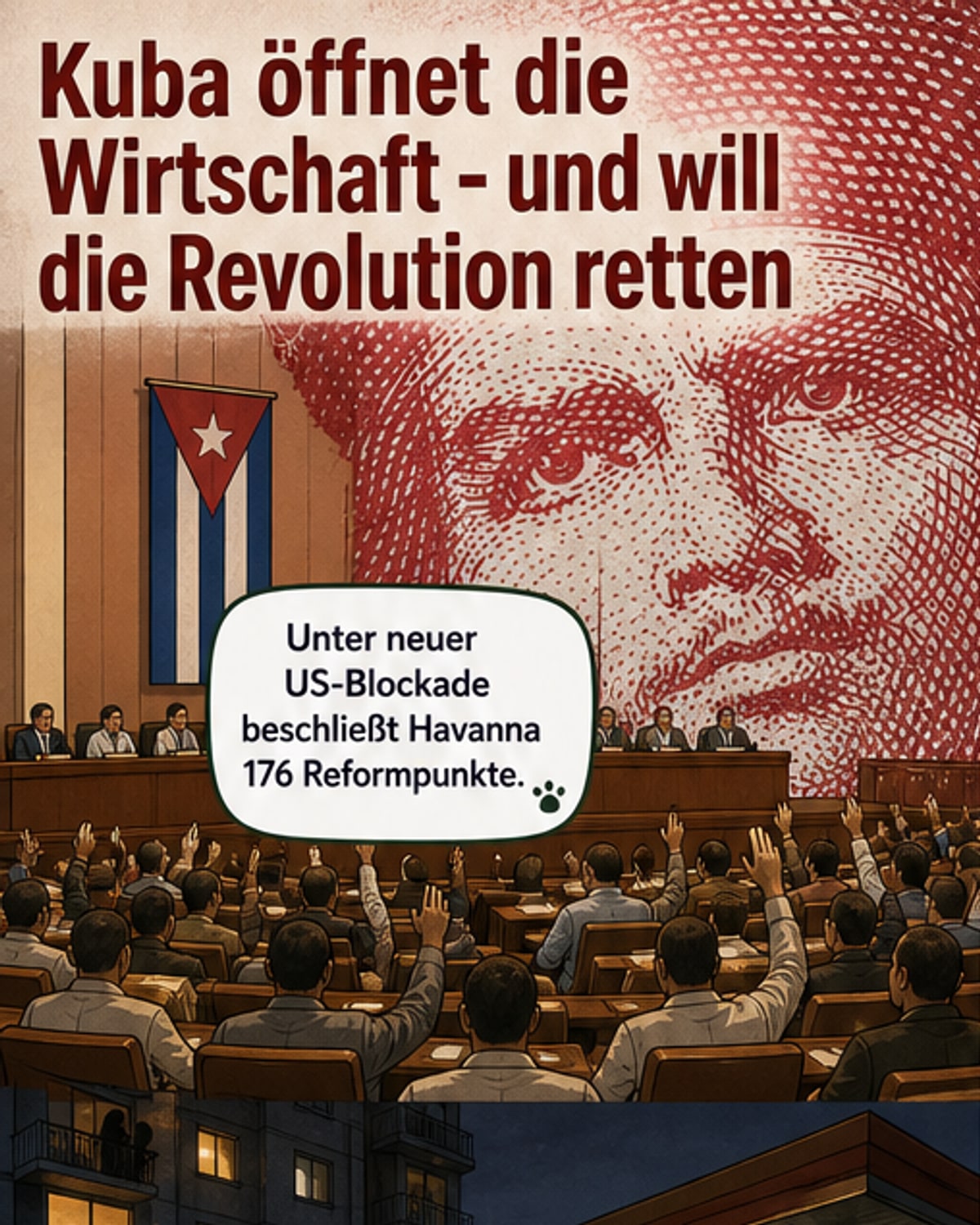 Illustration von Havanna mit alten Autos und einem kaputten Strommast, während im Hintergrund neue Baustellen und Investorenprojekte entstehen.