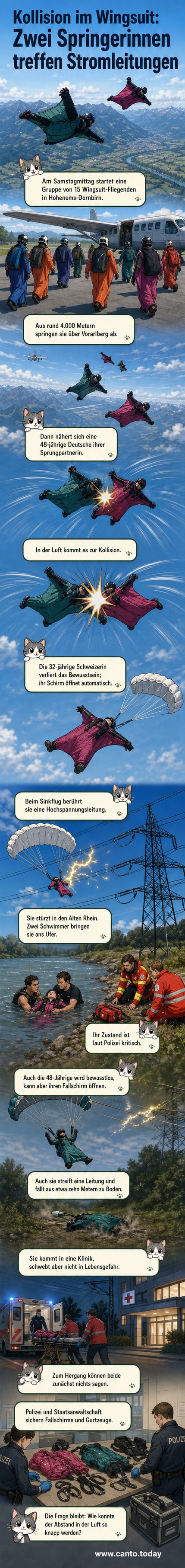 Zwei Wingsuit-Springerinnen in der Luft, eine kollidiert mit der anderen, im Hintergrund Hochspannungsleitungen und Alpenpanorama