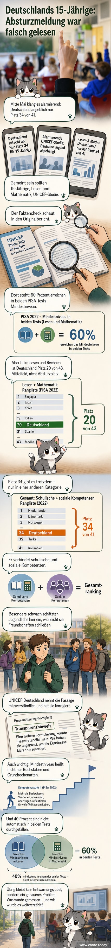 Illustration eines Klassenzimmers mit verwirrten Schülern und einem Lehrer, der eine falsche Statistik an die Tafel schreibt, daneben eine korrigierte Version mit richtigem Ranking.
