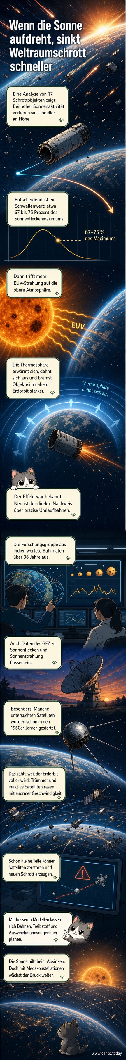 Illustration eines Satelliten im Orbit, der durch eine ausgedehnte Atmosphäre abgebremst wird, während die Sonne im Hintergrund viele Flecken zeigt.