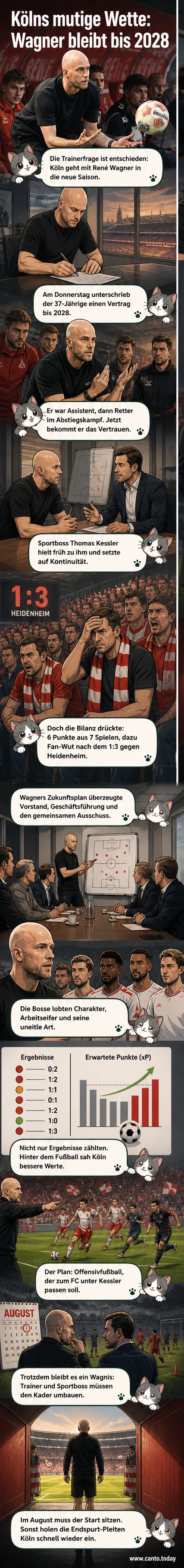René Wagner, Trainer des 1. FC Köln, steht im Mittelpunkt, während Fans im Hintergrund zu sehen sind.