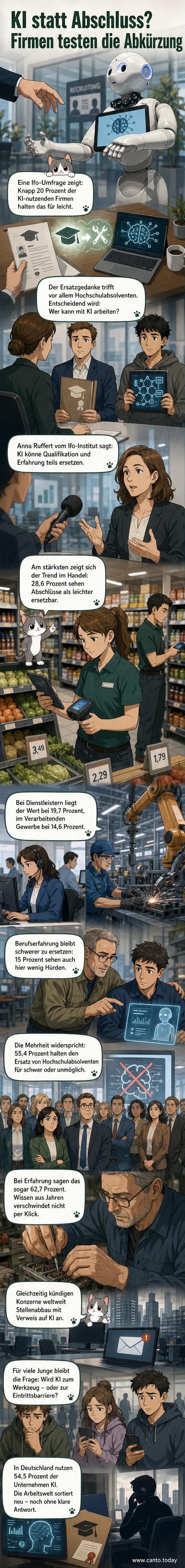 Illustration eines Büros, in dem ein Roboter mit Laptop neben einem jungen Absolventen steht, während ein Schild 'KI statt Abschluss?' zeigt.