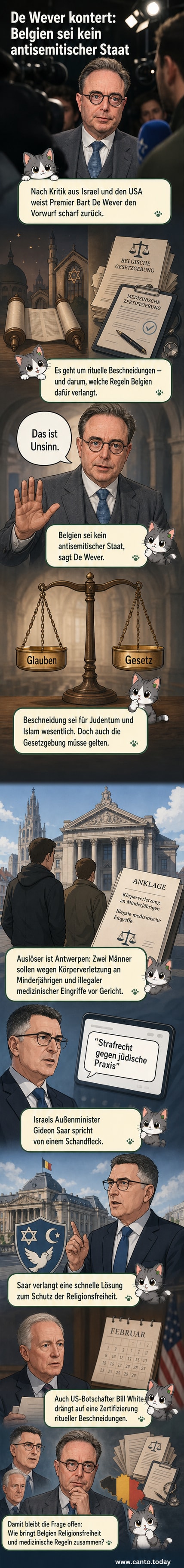 Belgischer Premier Bart De Wever spricht vor Kameras und weist Kritik an einem Gerichtsverfahren zu rituellen Beschneidungen zurück.