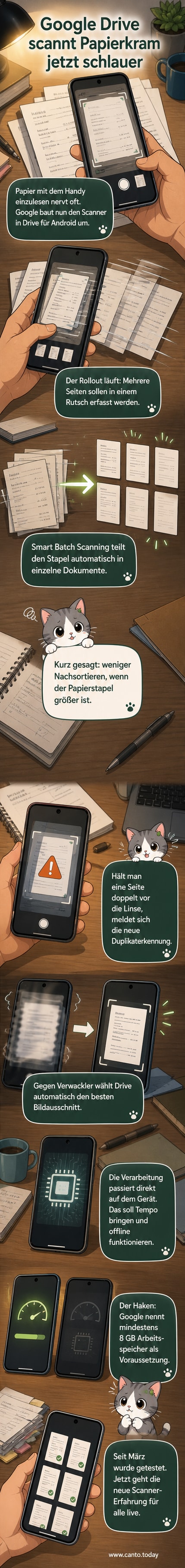 Smartphone scannt mehrere Dokumente gleichzeitig, die in der Google Drive-App als separate Dateien angezeigt werden.