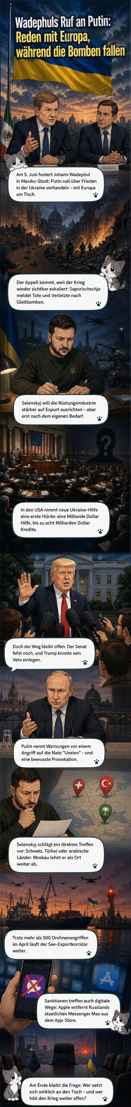 Illustration von Selenskyj, der einen Brief an Putin richtet, mit Hintergrund aus Kriegs- und Friedenssymbolen.