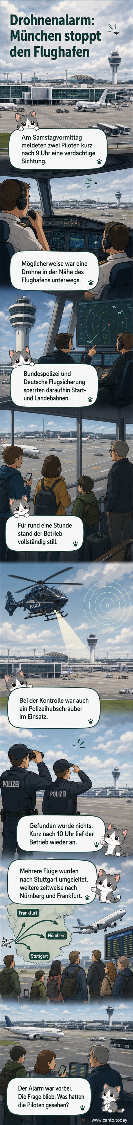 Illustration eines Flughafens mit gesperrten Startbahnen und einem Hubschrauber in der Luft, während Passagiere auf Monitoren starren.