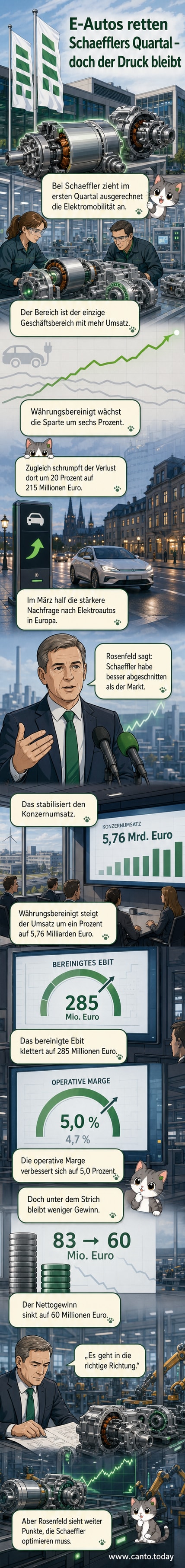 Ein Schaeffler-Logo vor einem Hintergrund mit Elektroautos und Produktionsanlagen, die aufsteigende Kurven und positive Zahlen zeigen.