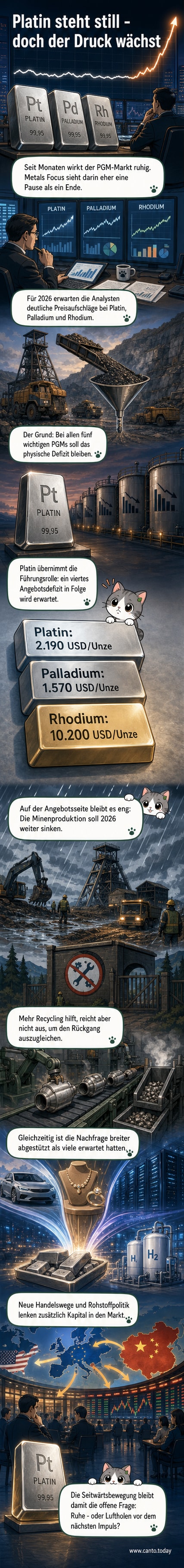 Visualisierung der erwarteten Preisentwicklung von Platin, Palladium und Rhodium im Jahr 2026 mit steigenden Kurven und Hintergrund aus Bergbau- und Technologiedarstellungen.