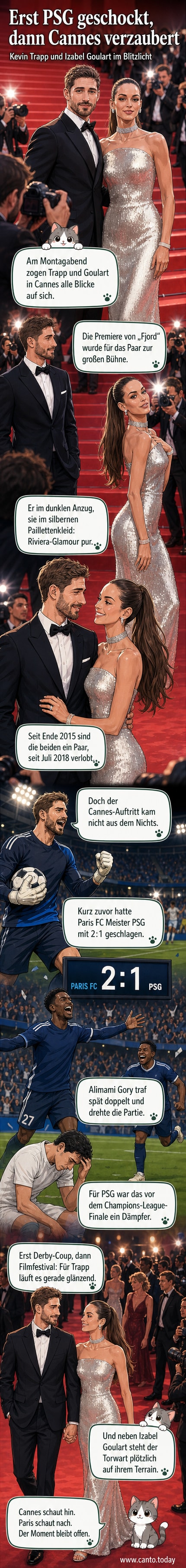 Kevin Trapp und Izabel Goulart auf dem roten Teppich in Cannes, 2026. Trapp im dunklen Anzug, Goulart in silbernem Paillettenkleid.