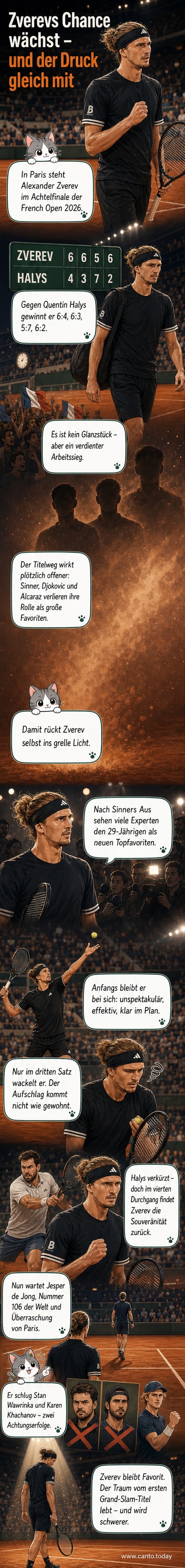 Alexander Zverev im French-Open-Outfit, schlägt nach einem Punkt triumphierend mit dem Schläger auf die Schulter, Hintergrund: Stadionkulisse bei Nacht.
