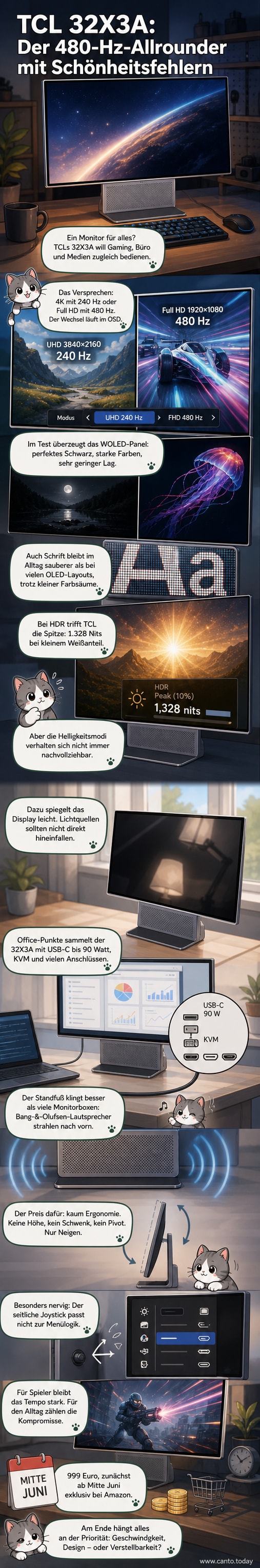 TCL 32X3A OLED+ Monitor in schmalem Aluminiumgehäuse mit nach vorne gerichteten Lautsprechern im Standfuß, dargestellt auf einem Schreibtisch mit Gaming-Setup.