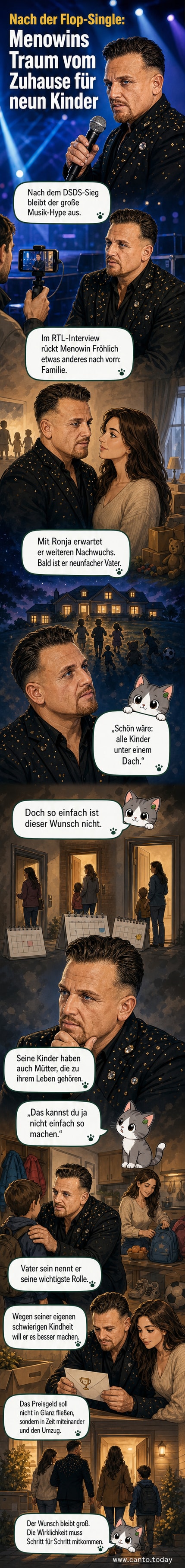 Menowin Fröhlich mit seiner Partnerin Ronja und mehreren Kindern vor einem Haus, symbolisch für sein Ziel, alle neun Kinder unter einem Dach zu vereinen.