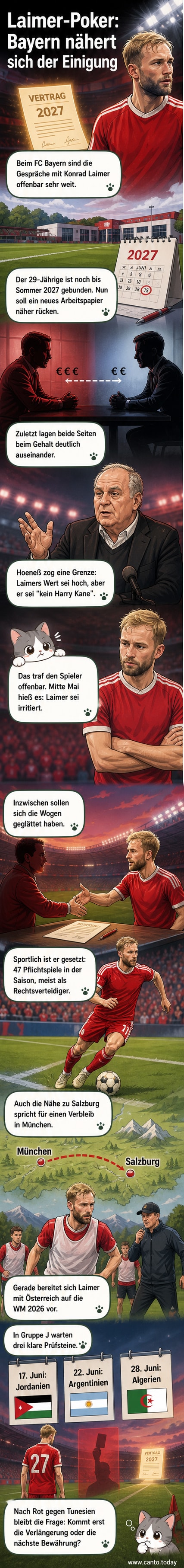 Fußballspieler Konrad Laimer im Trikot des FC Bayern steht auf dem Rasen, im Hintergrund Fans und Stadionkulisse.