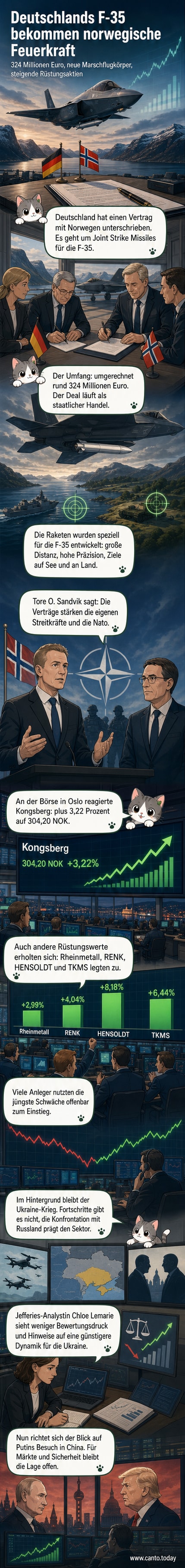Illustration eines F-35-Kampfjets mit norwegischen Raketen, über einem Hintergrund aus deutschen und norwegischen Flaggen und militärischen Symbolen