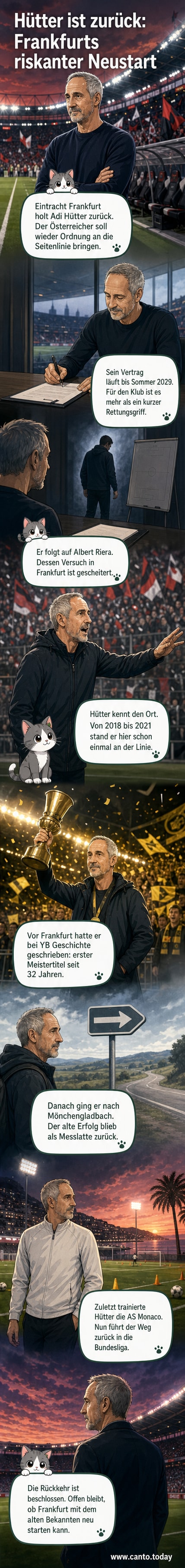 Adi Hütter steht auf dem Rasen, blickt konzentriert zur Seite, im Hintergrund die Tribüne eines Fußballstadions.