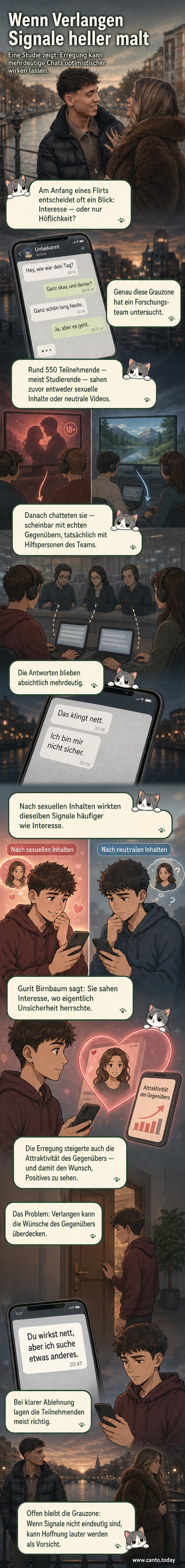 Illustration einer Person, die flirtet, während Gedankenblasen zeigen, wie sie Signale falsch interpretiert – vergrößerte Augen, Herzchen, falsche Annahmen über Interesse.