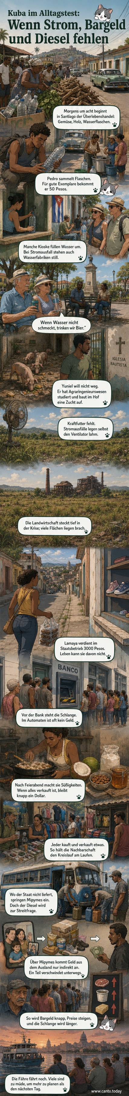 Eine Frau verkauft Süßigkeiten auf einem Markt in Santiago de Cuba, im Hintergrund Wellblechhäuser und ein alter amerikanischer Oldtimer.