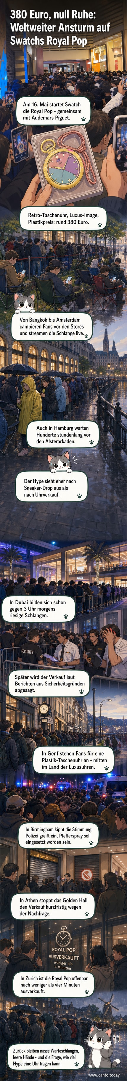 Menschen in einer langen Schlange vor einem Swatch-Store, einige mit Campingstühlen, regnerisches Wetter – ein Plakat wirbt für die „Royal Pop“-Uhr.