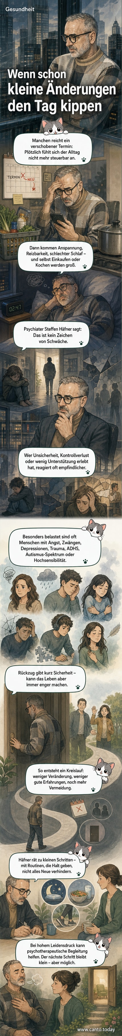 Eine Person sitzt isoliert in einem Raum, während draußen ein dynamisches, sich veränderndes Umfeld zu sehen ist – symbolisiert durch verschwommene Farben und verschobene Termine auf einem Kalender.