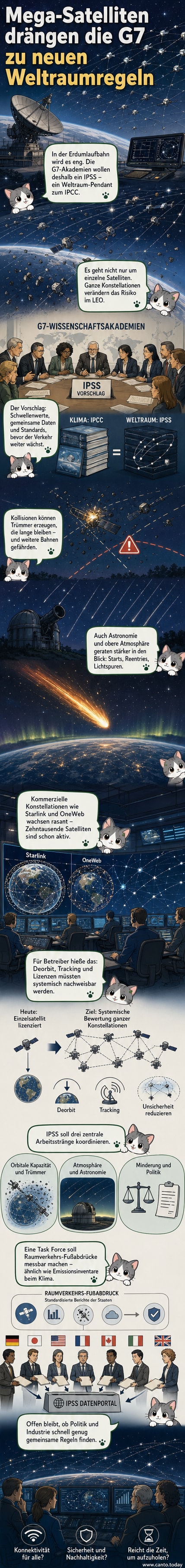 Illustration eines überfüllten Erdorbits mit vielen Satelliten und Trümmern, vor dem Hintergrund der Erde und des Weltraums, mit einem Schild, das auf ein IPCC-ähnliches Gremium für Raumfahrt hinweist.