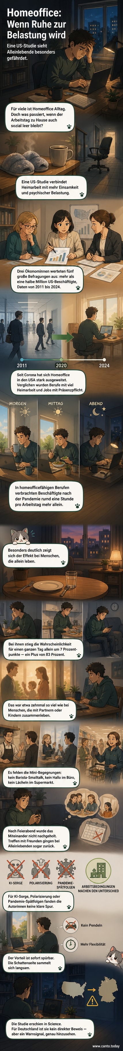 Abstrakte Darstellung einer Person allein zu Hause am Arbeitsplatz, umgeben von leeren Räumen und digitalen Bildschirmen, symbolisiert Einsamkeit im Homeoffice.